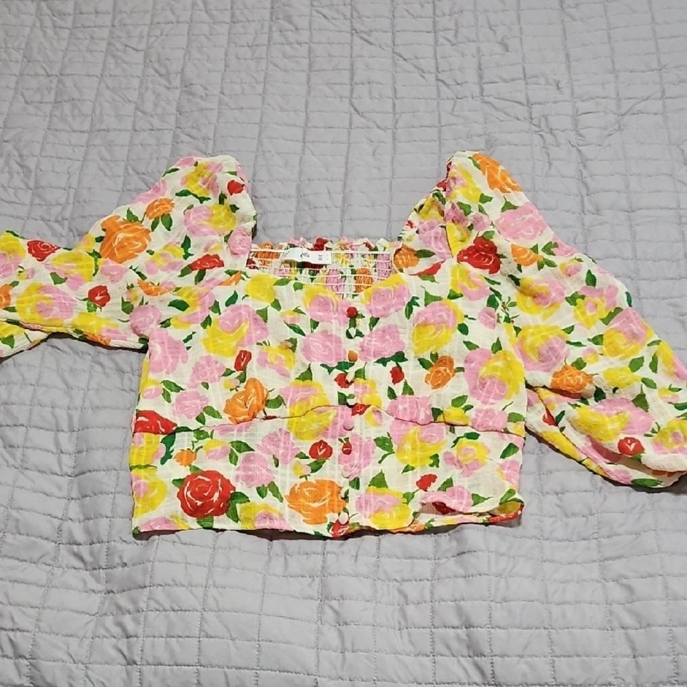 MANGO MNG Floral Puff Sleeve Blouse